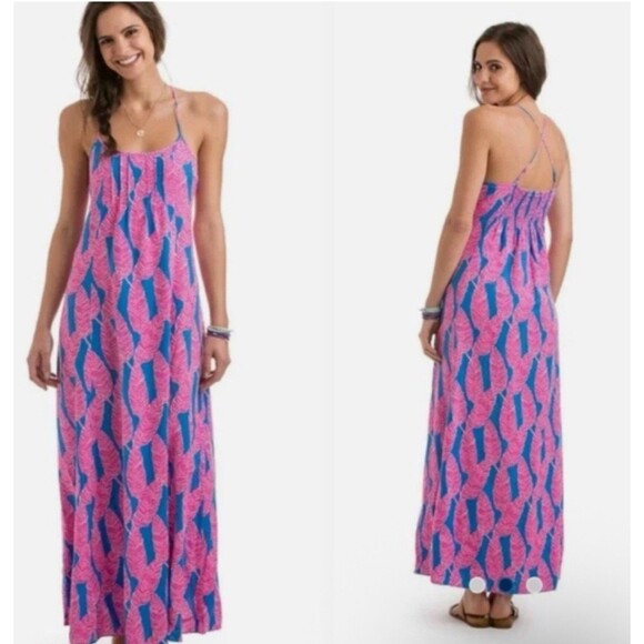 🌴 Vineyard Vines Pink & Blue Leaf Print Maxi Dress – Size 4 - Picture 3 of 7